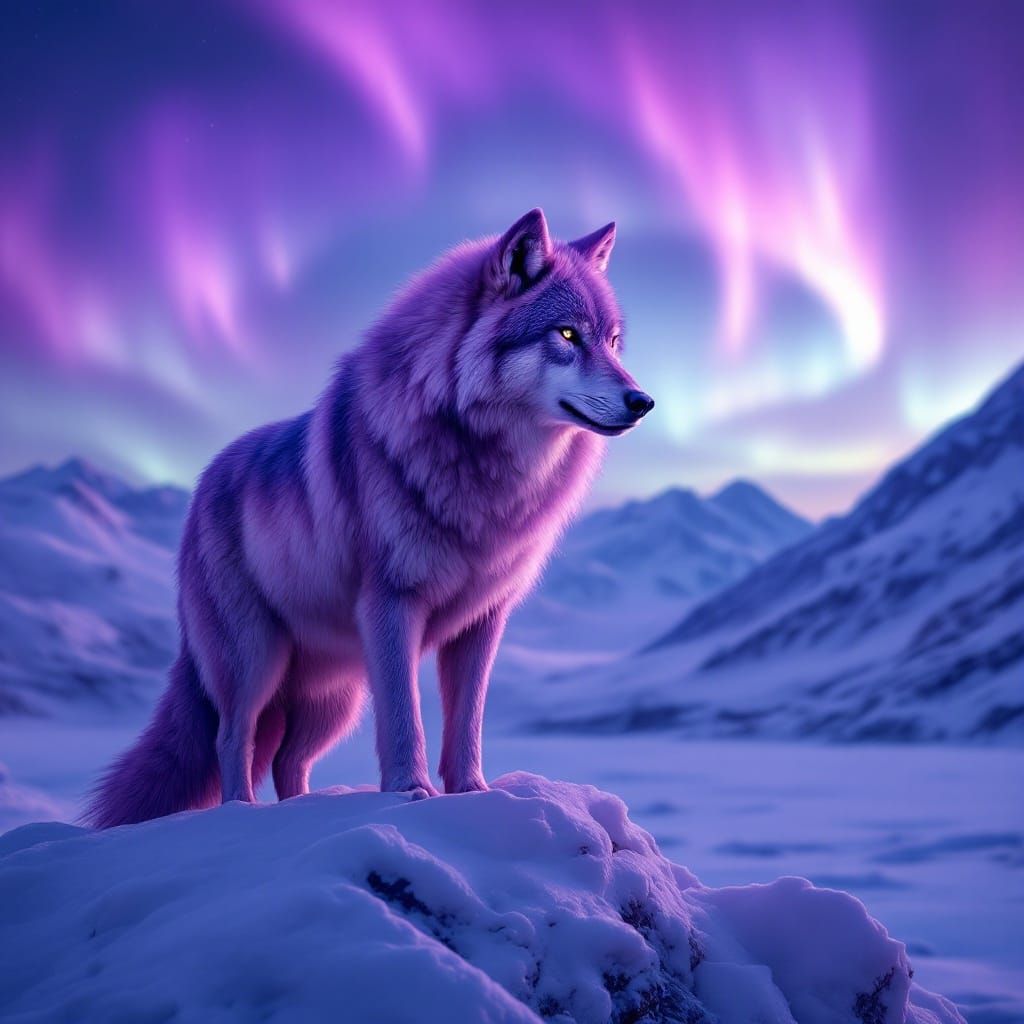 Purple Majestic Arctic Wolf Under Violet Aurora