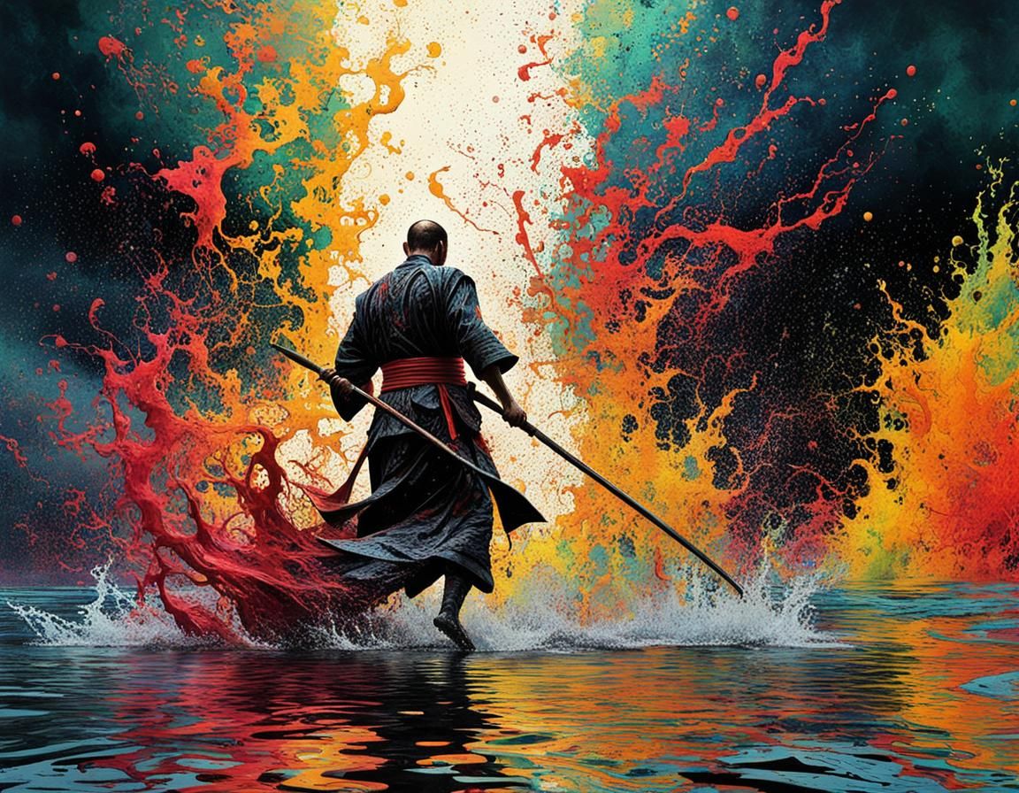 Macabre Samurai Walking on Water in Fauvist Pop Art