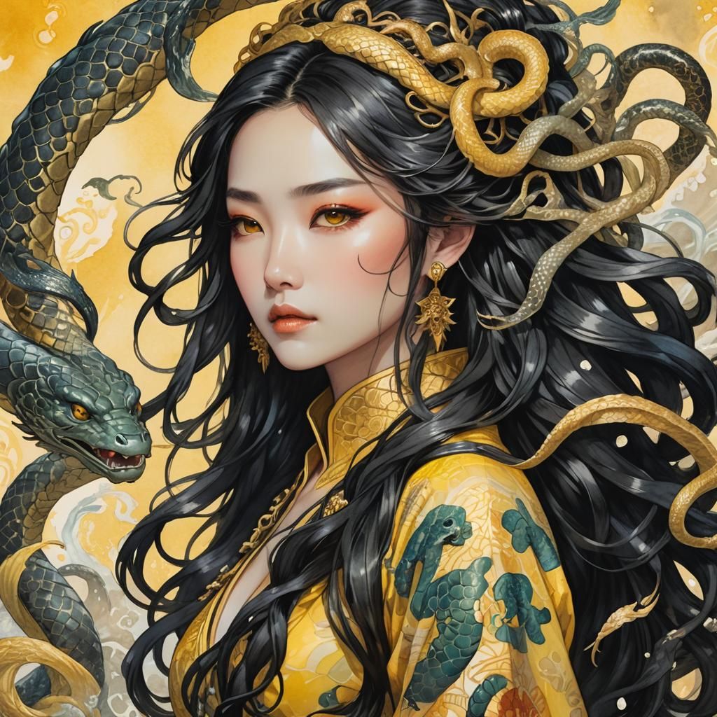 Mystical Japanese Siren in Watercolor Matte Painting