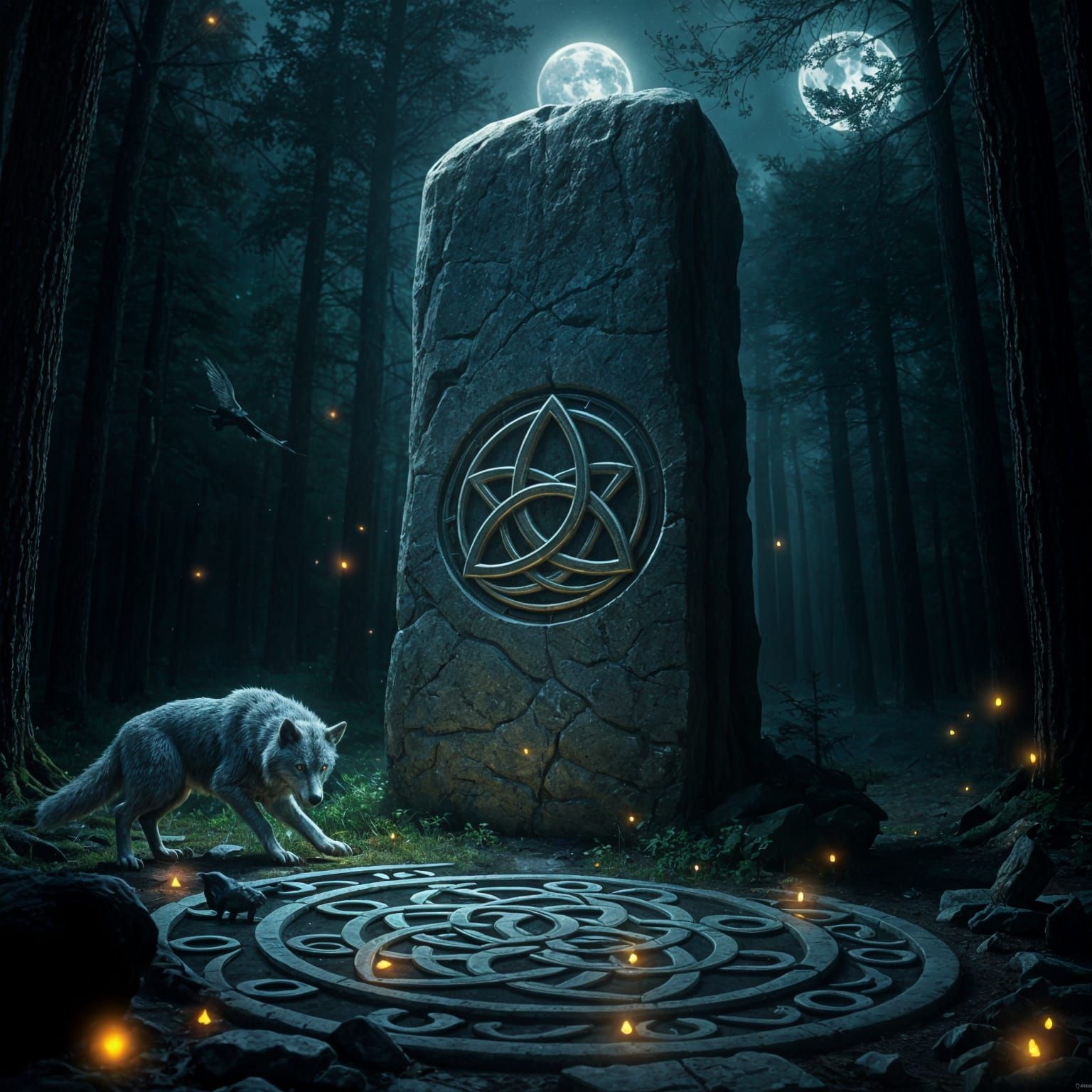 Standing Stone with Triskelion in Mystic Forest