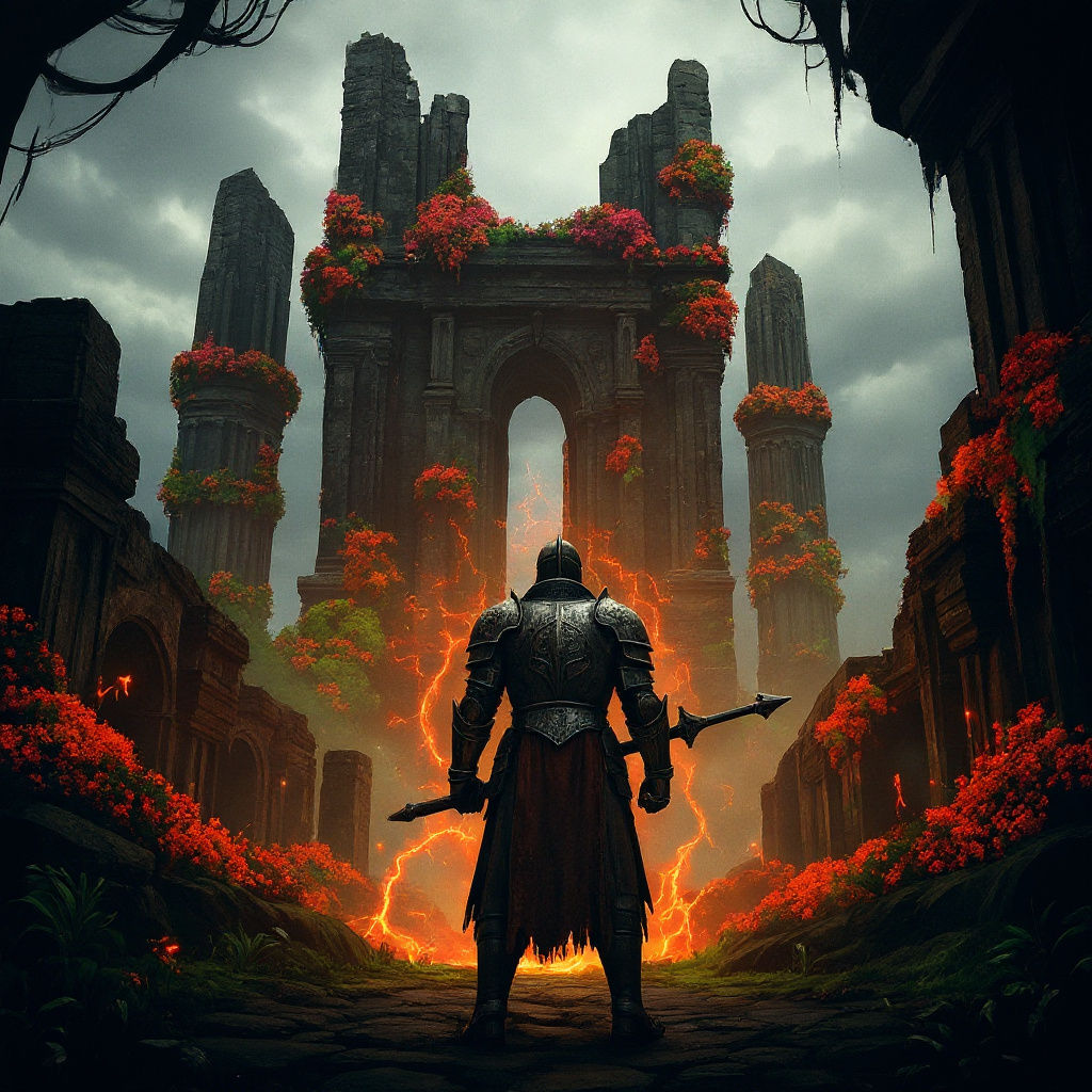 Knight Amid Bioluminescent Ruins: High Fantasy Art