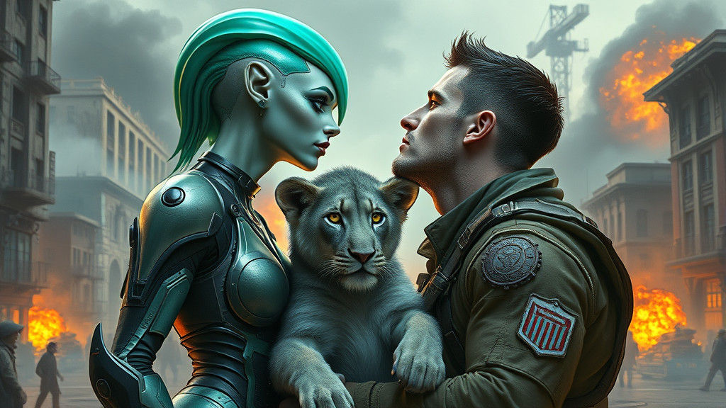 Alien Woman and Human Kiss in Biomechanical Style