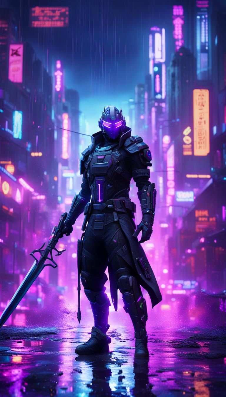 Cyberpunk Warrior in Neon Cityscape: Anime Style
