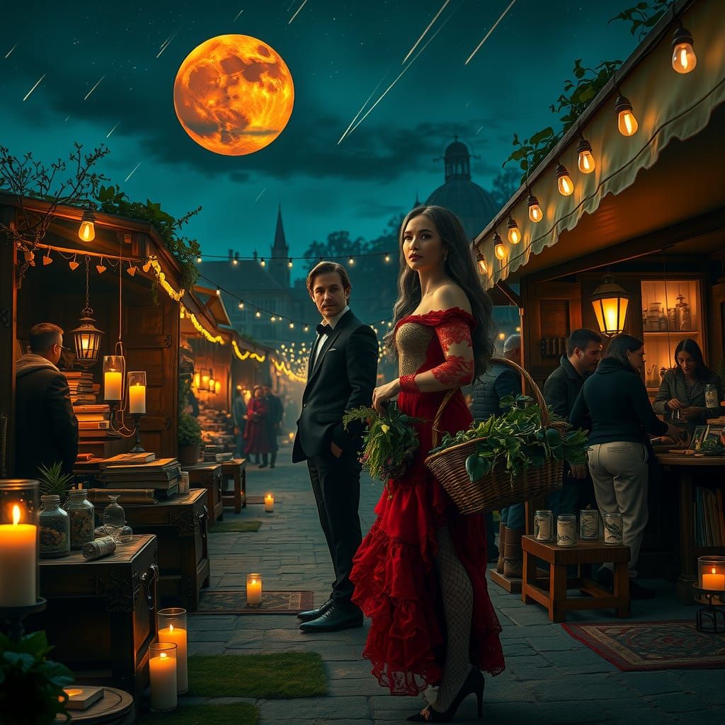 Enchanted Night Market Under the Blood-Red Moon