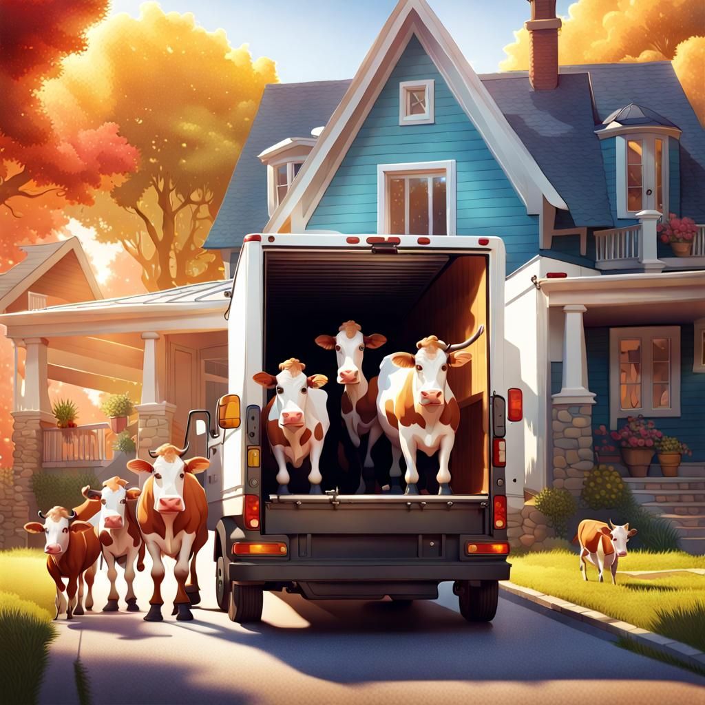 Anthropomorphic Cow Family Moving Day Illustration
