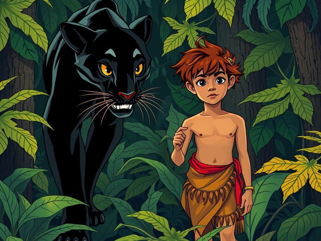 Mowgli and Panther Bagheera in Ancient Indian Jungle