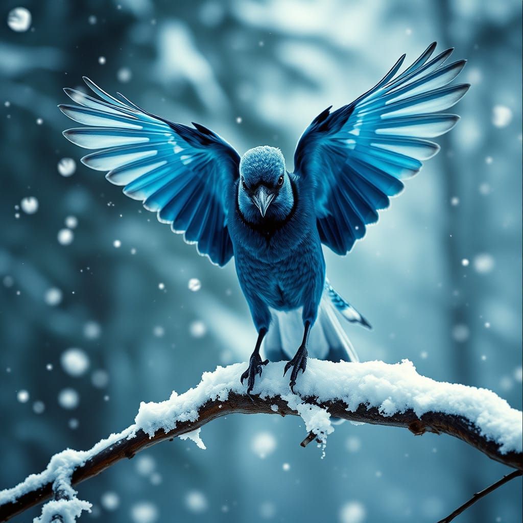 Blue Majesty Descends on Blizzard-Torn Forest