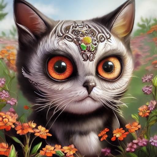 Monster Cat with Tilted Head in Floral Field