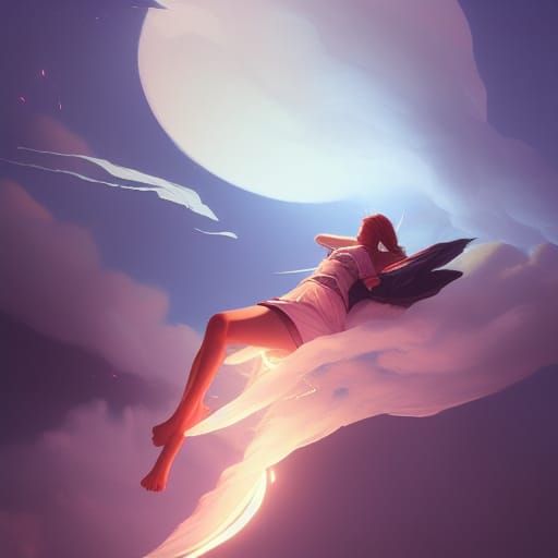 Girl Sleeping on Clouds with Glowing Butterflies
