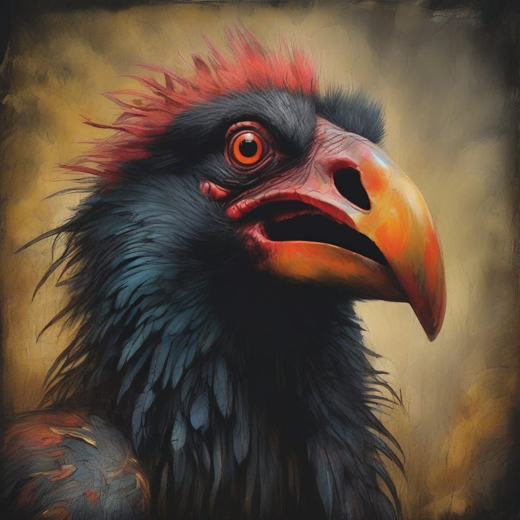 Angry Dodo Bird in Dark Fantasy Naive Art Style