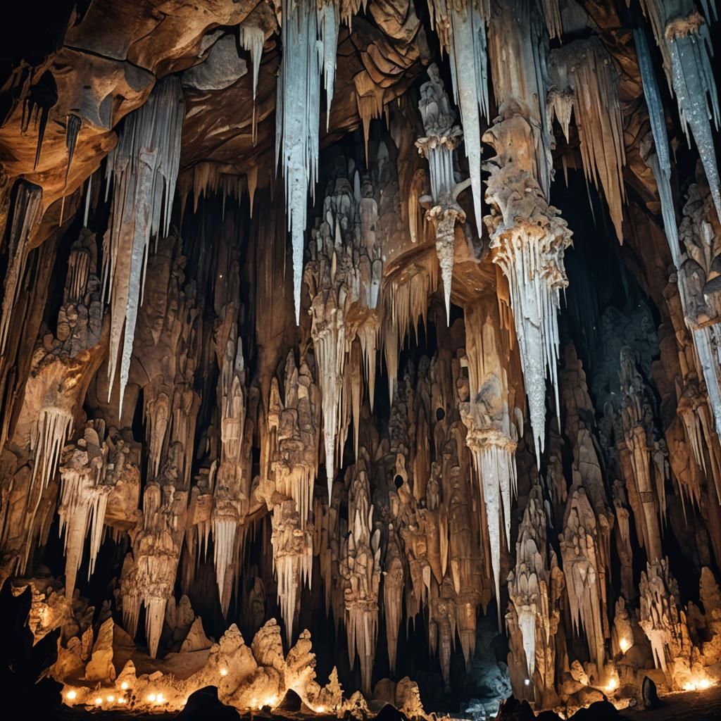 Dimly Lit Cave with Stalactites and Stalagmites
