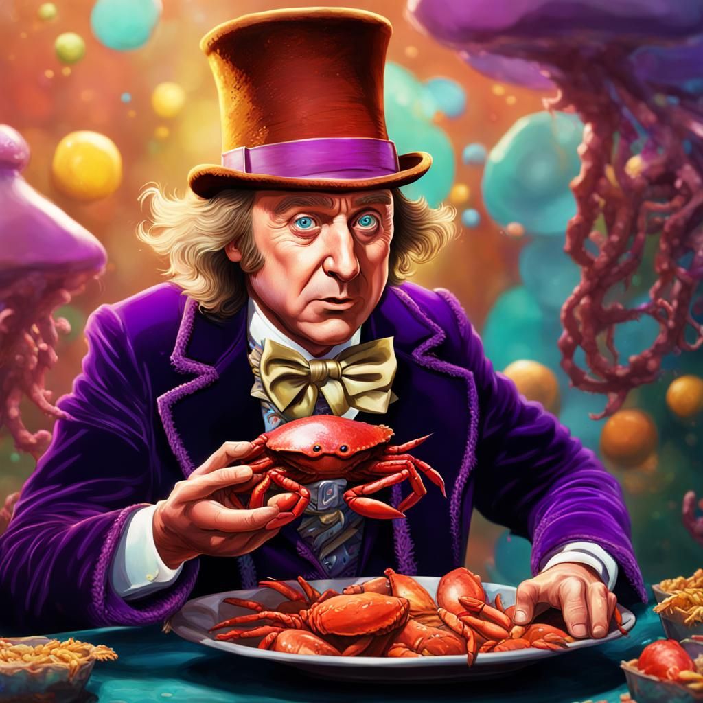 Willy Wonka Enjoys Crab: Hyperrealistic Splash Art