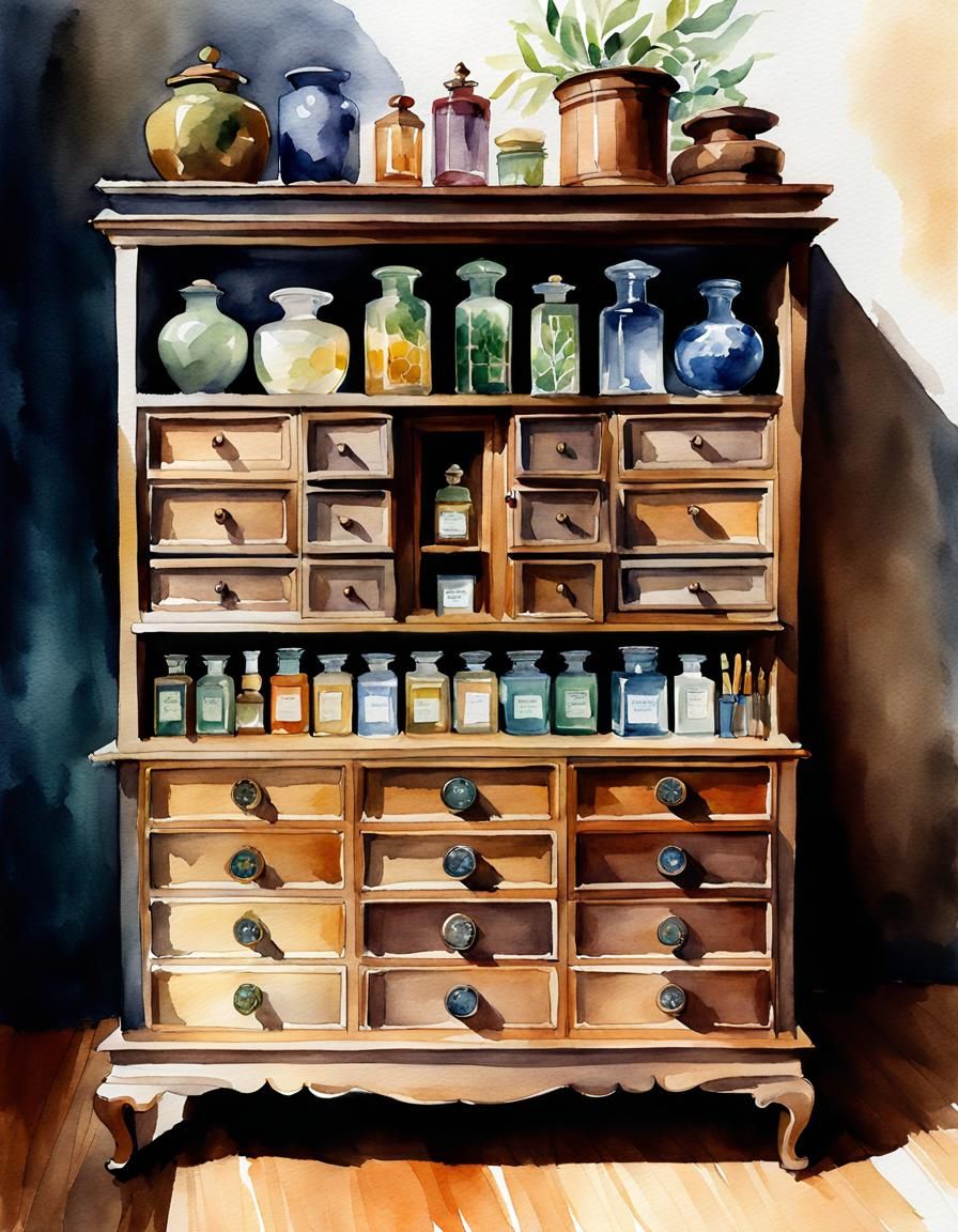 Boho Chic Apothecary Cabinet in Watercolor Style