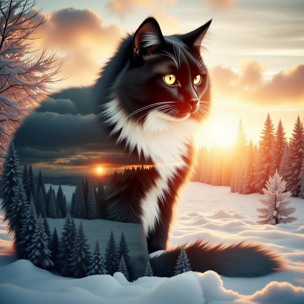 Regal Tuxedo Cat Amidst Winter Sunrise in Double Exposure