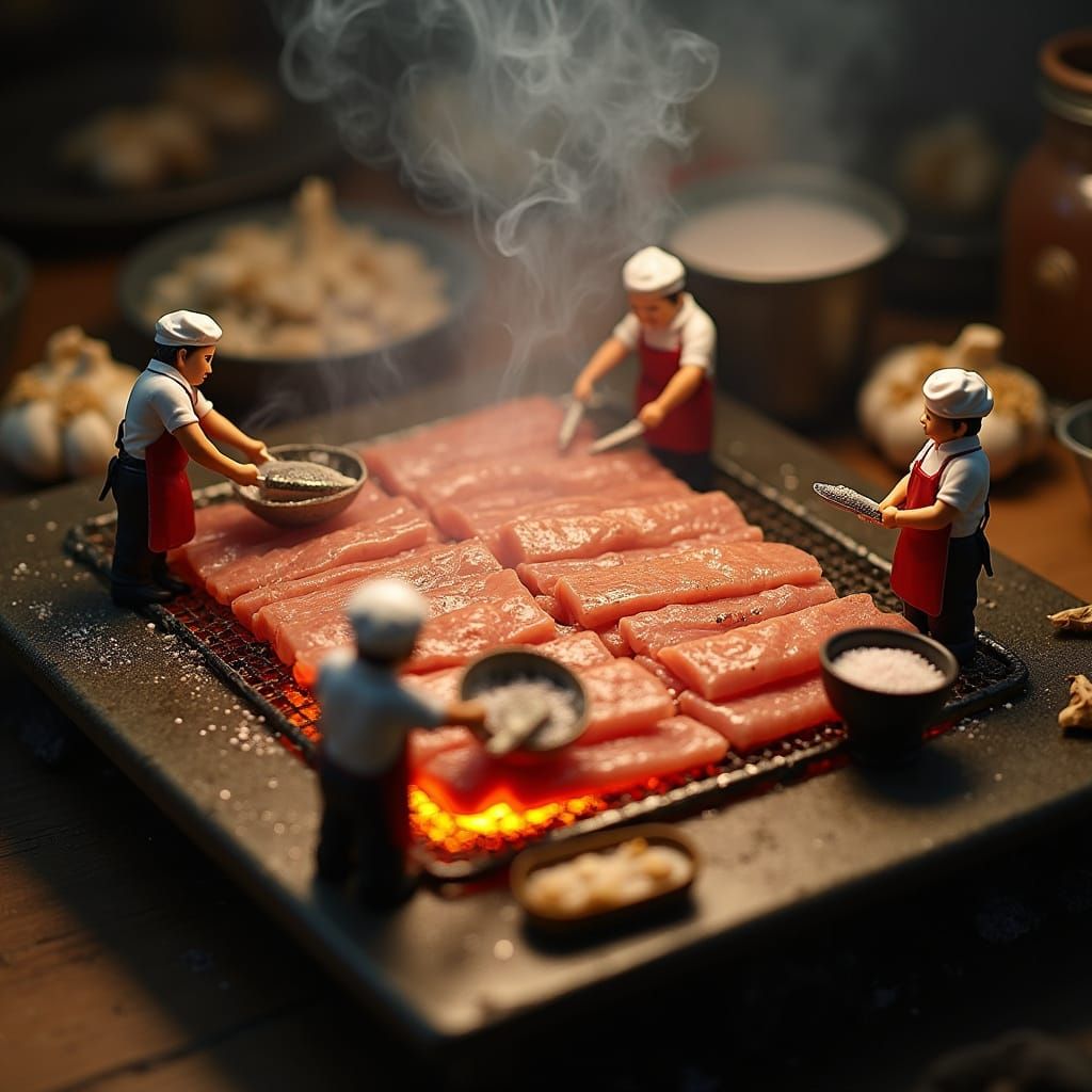 Miniature Chefs Grill Korean Pork Belly, Photorealistic