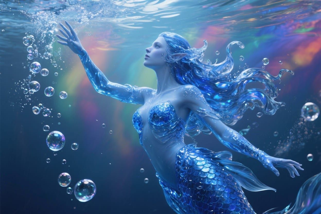 Elegant Blue Glass Mermaid Ascending, Splash Art Style