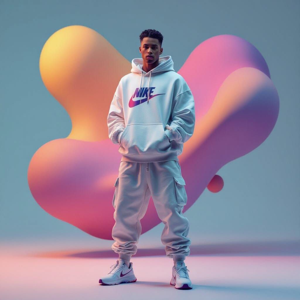 Athletic Model in Hoodie with Abstract Shapes