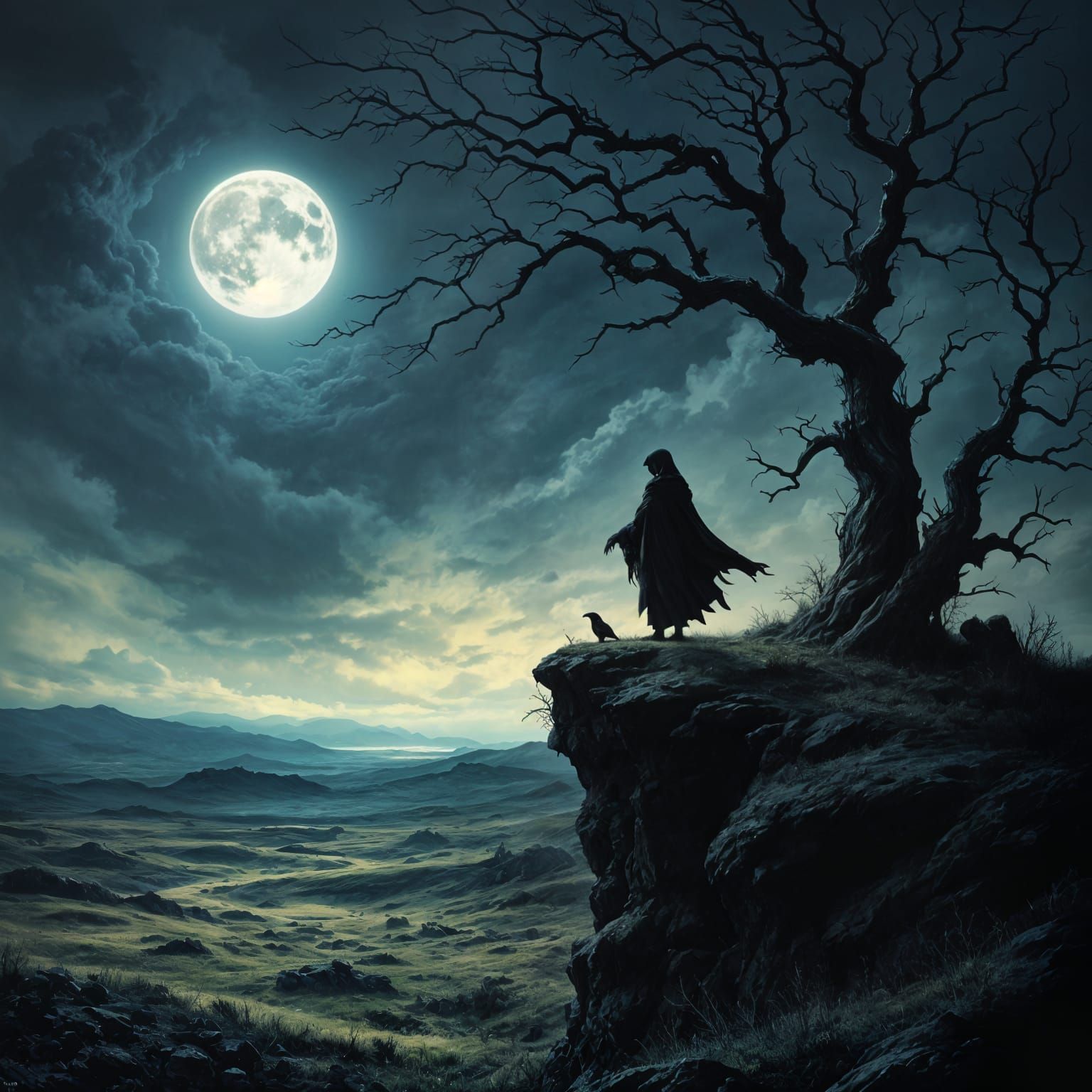 Cloaked Figure on Windswept Cliff with Raven