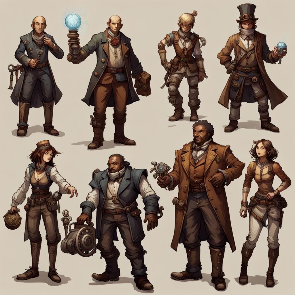 Steampunk D&D Adventurers of Different Races and Classes