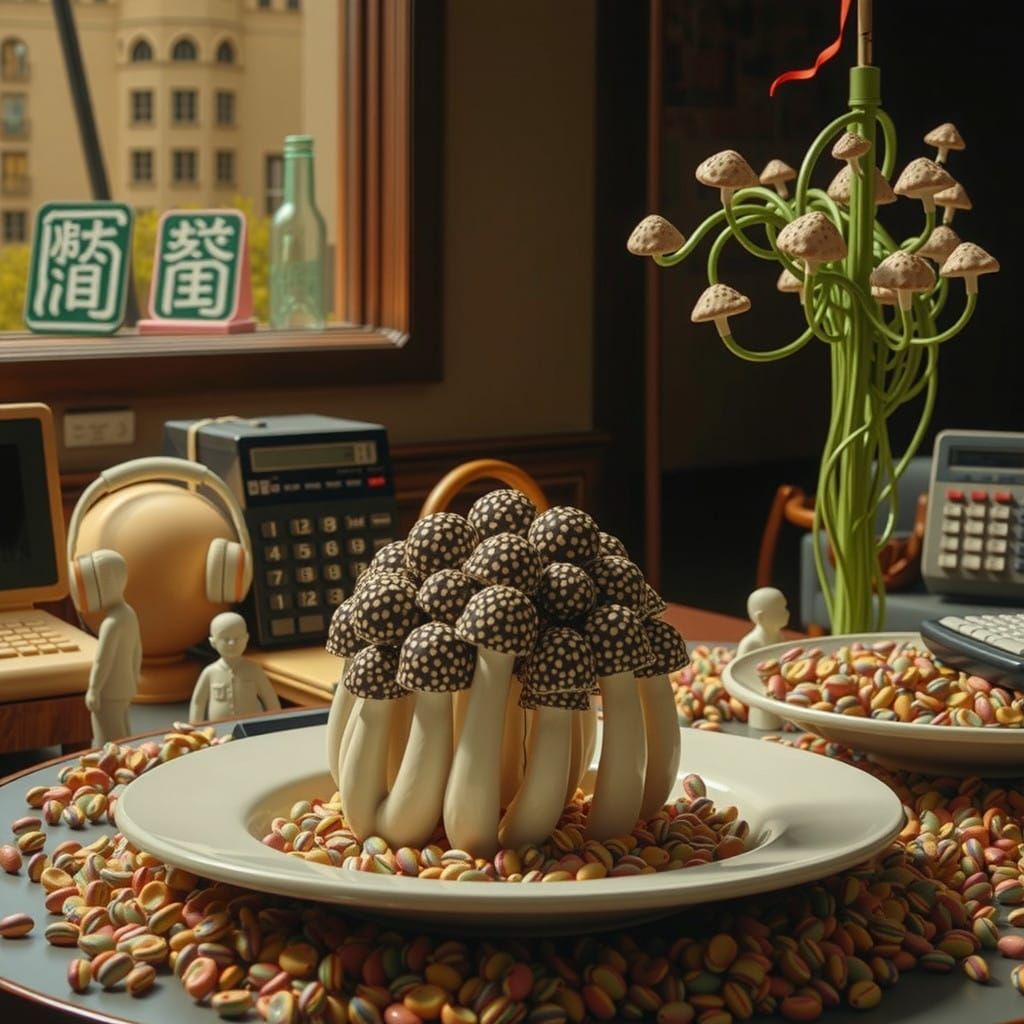 Surreal Office Scene with Giant Mushroom Print Flag in Linoc...