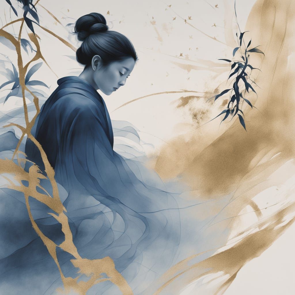 Abstract Monk Form in Water as Sumi-e Art