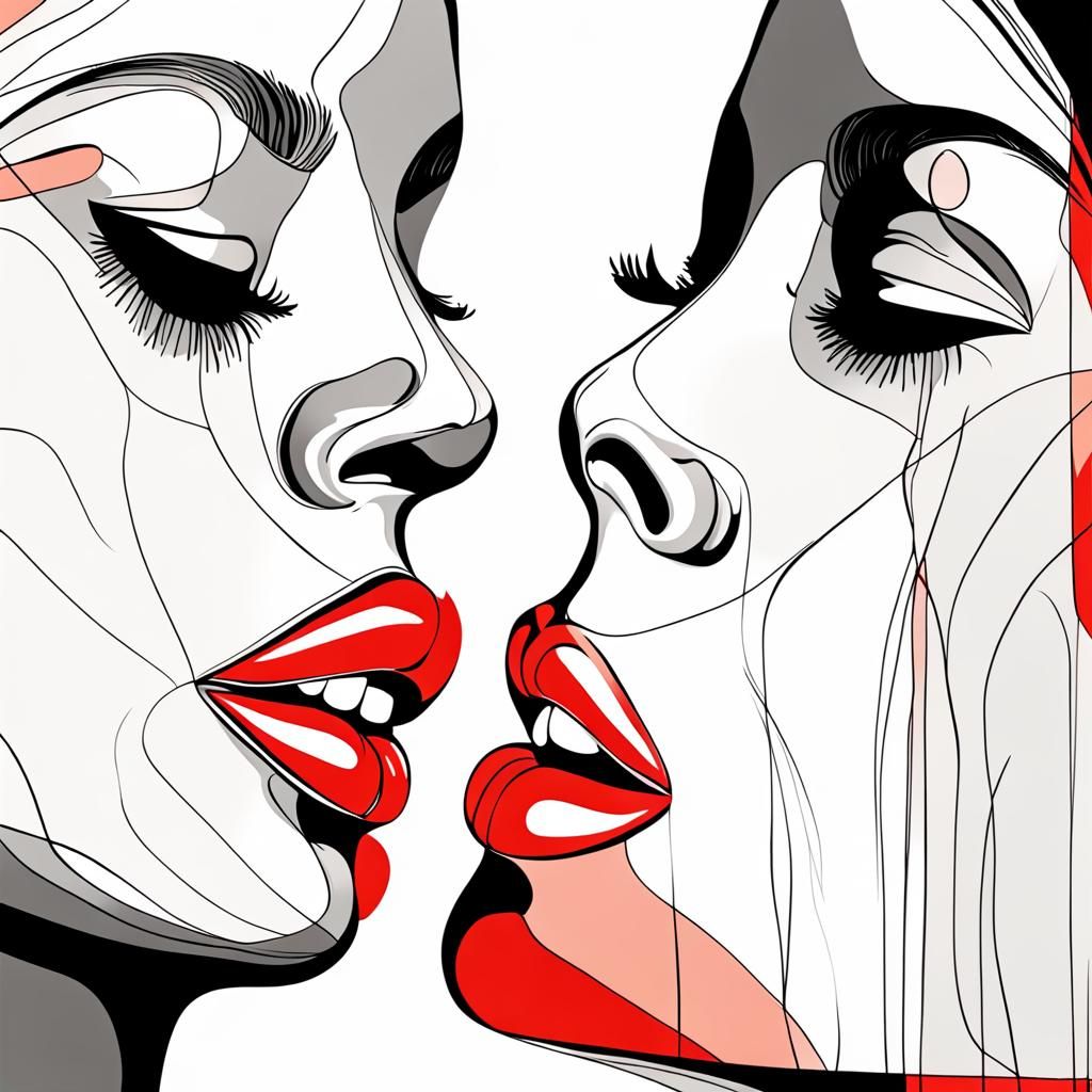 Abstract Line Art of Kissing Lips