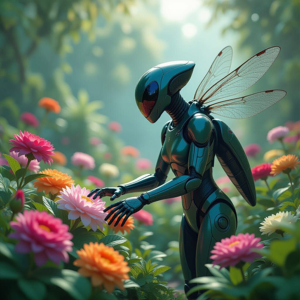 Dragon Fly Android tends a Futuristic Garden