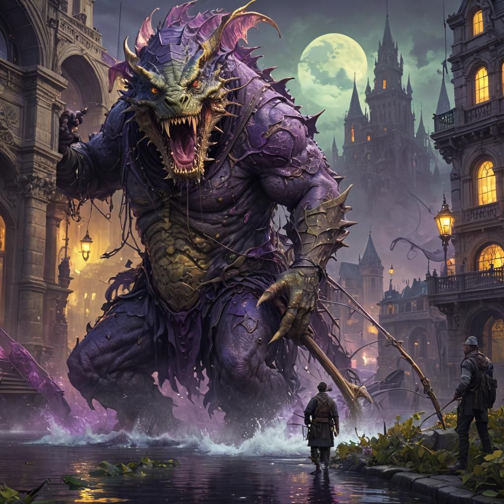 Fisherman Reels in Zombie Pike in Dark Fantasy City