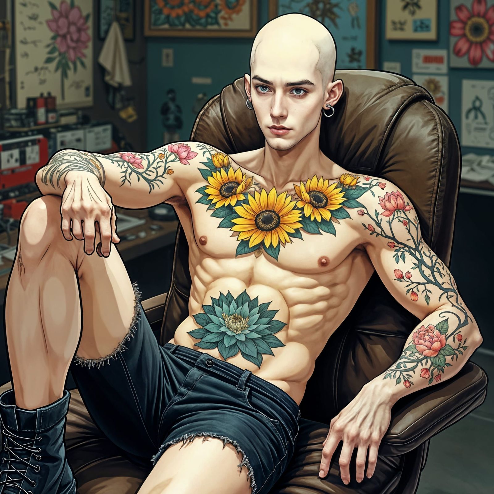 Tattooed Male Model Relaxing in a Tattoo Parlor