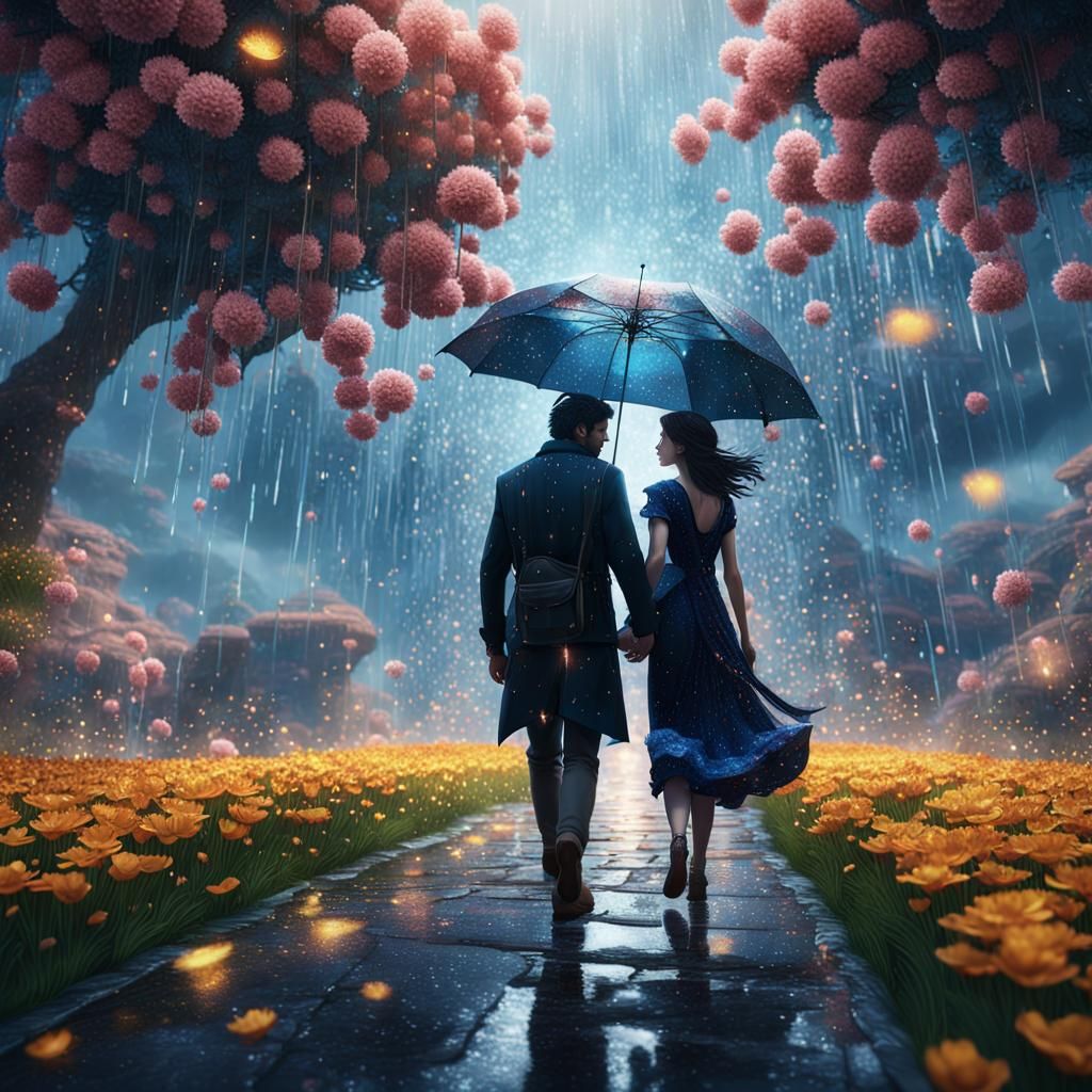 Lovers in Sparkling Flower Rain: Fantasy Concept Art