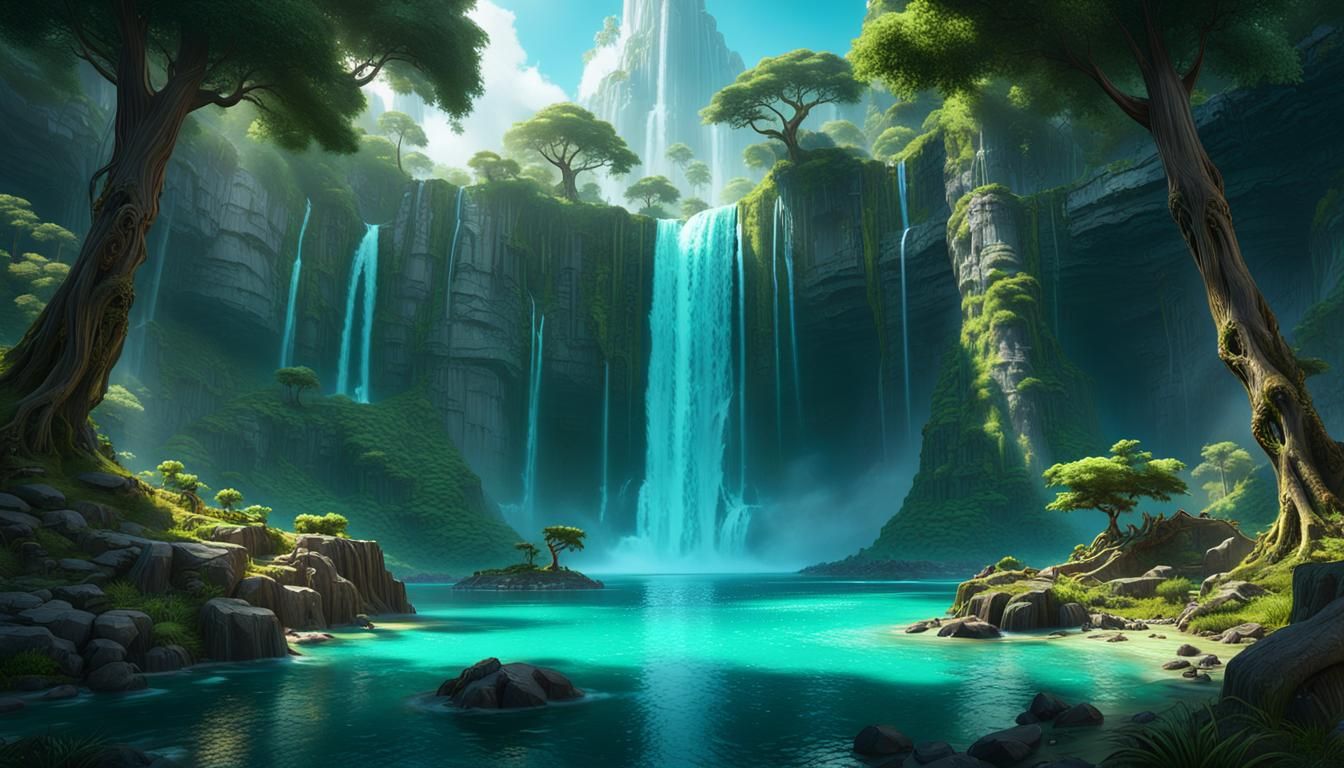 Lush Waterfalls and Turquoise Pool in Dark Fantasy Style