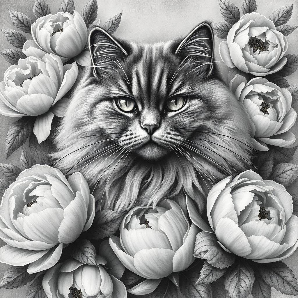 Grey Cat and Peonies in Charcoal Drawing