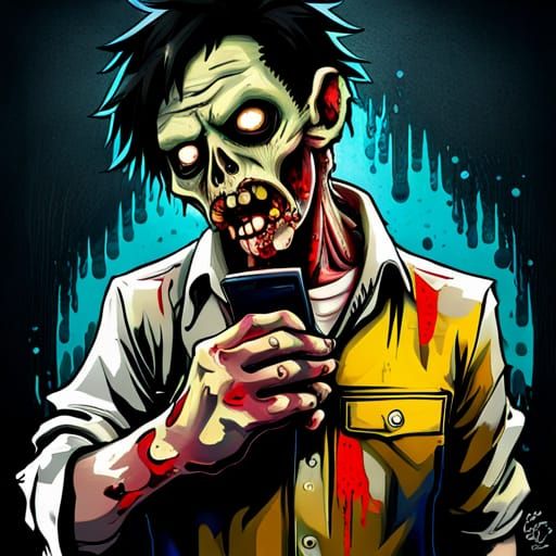 Zombie with Phone in Colorful Graffiti Anime Art