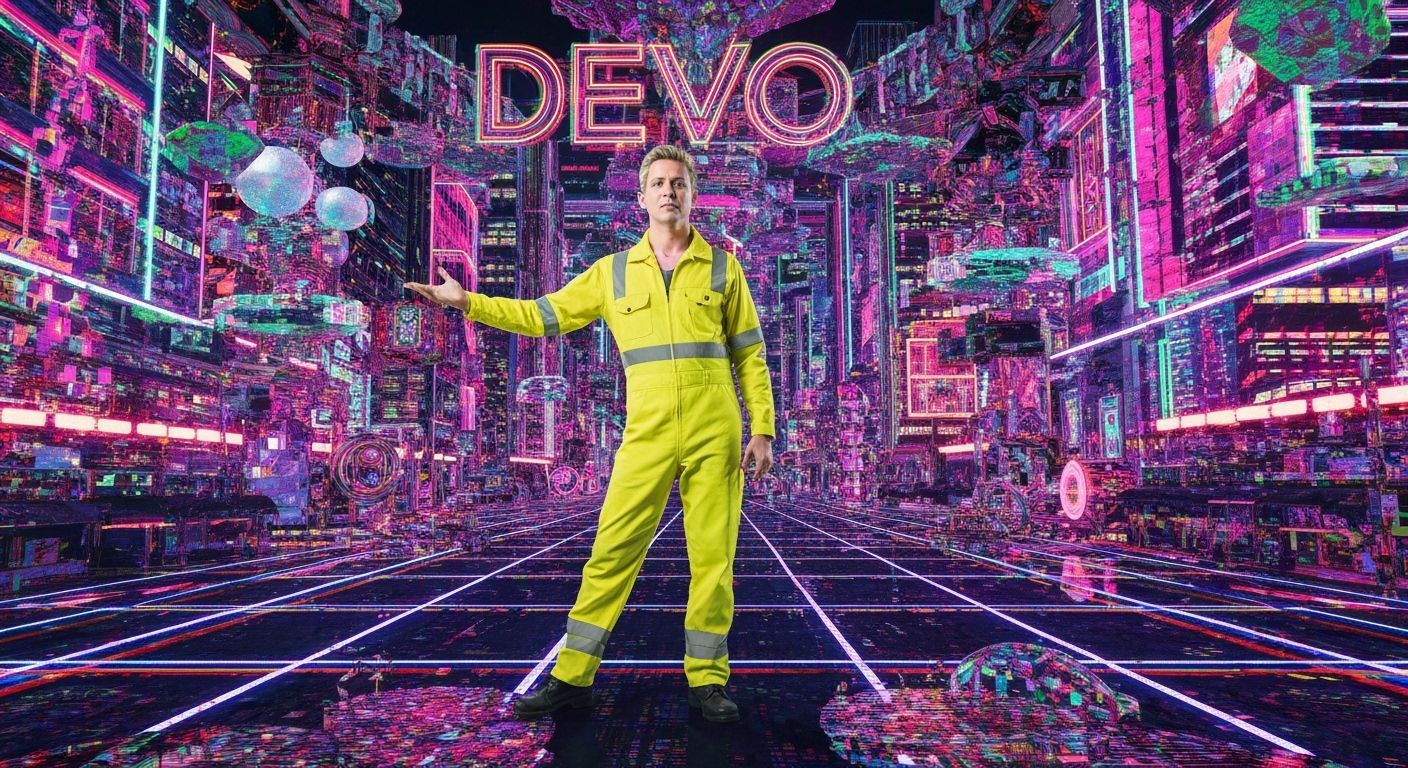 Devo in Safety Yellow Jumpsuit with Glitch Art Background