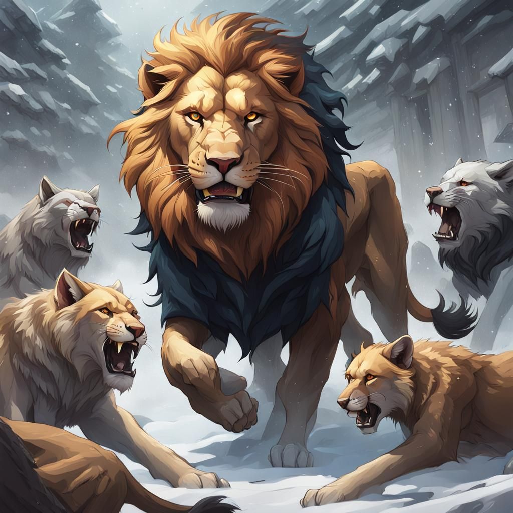 Lion vs Wolves: Hyperdetailed Artstation Portrait