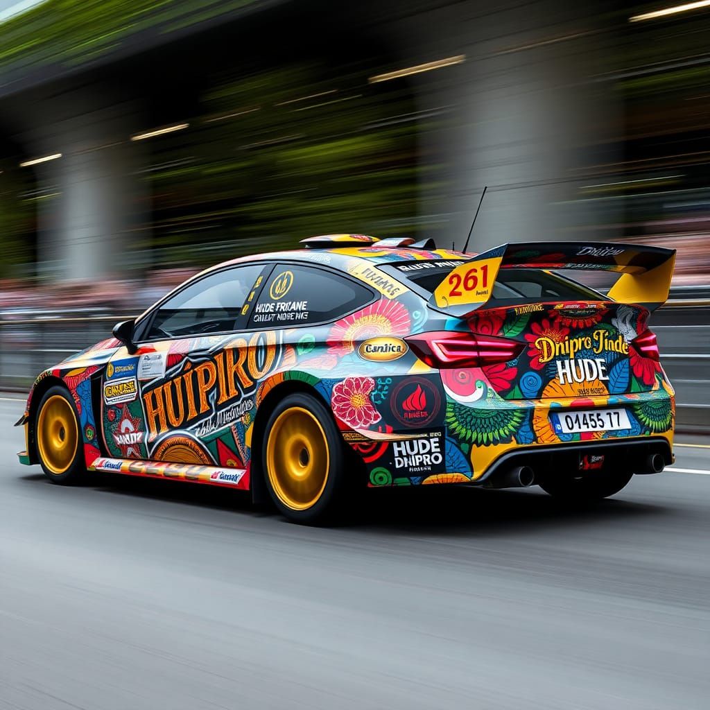 Rally car wrapped in "hude dnipro hude" artwork