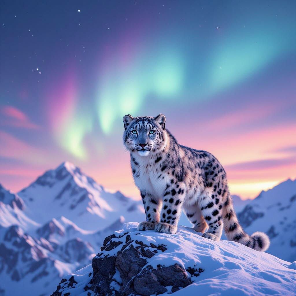 Majestic Snow Leopard on Mountain Peak Under Aurora Sky