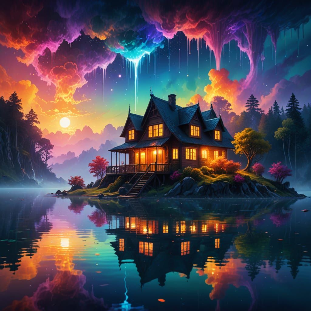 Ethereal Fantasy Abode Over Glowing Lake