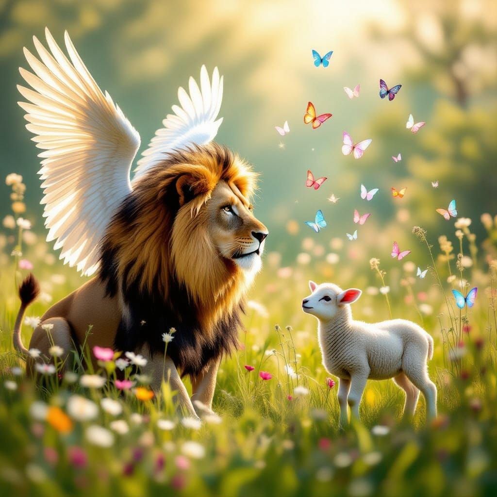 Regal Lion with Griffin Wings Engages Gentle Lamb in Whimsic...