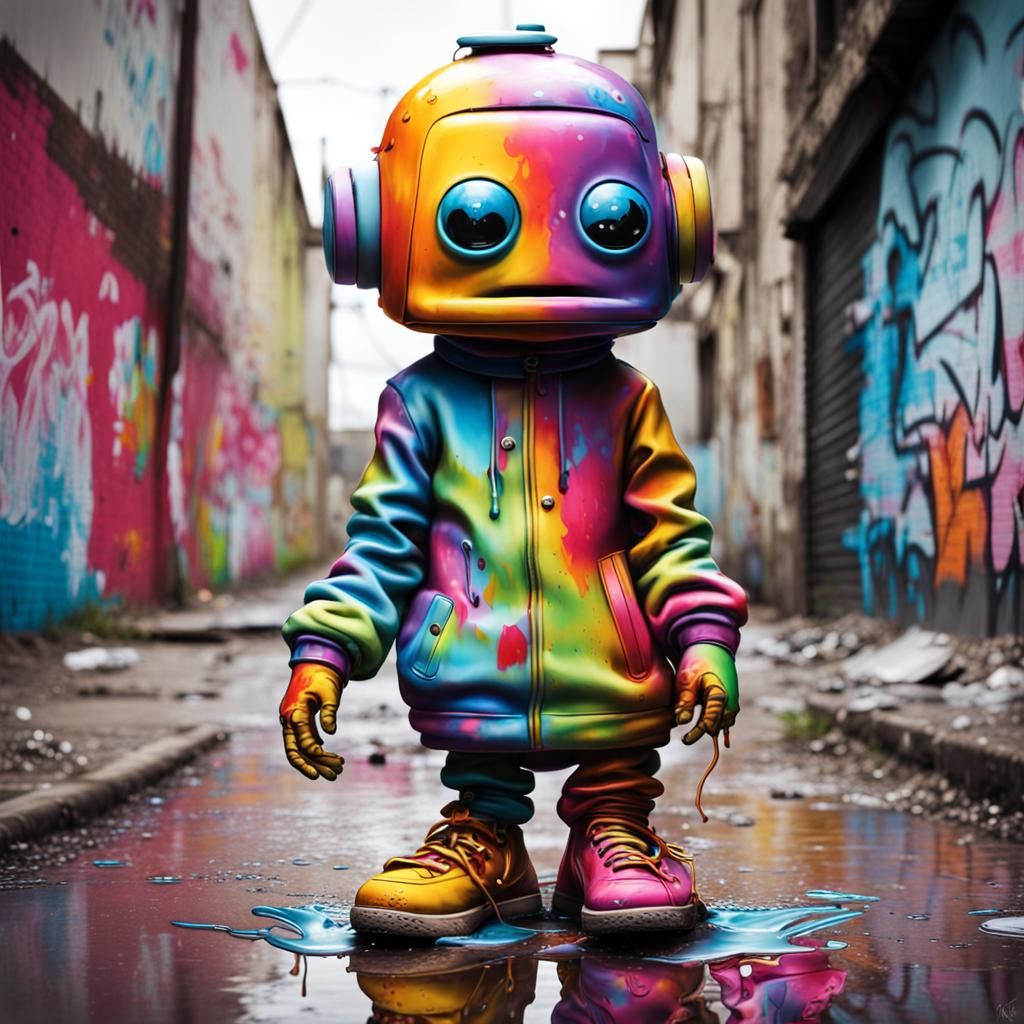 Realistic Kid Robot in Graffiti Street Art