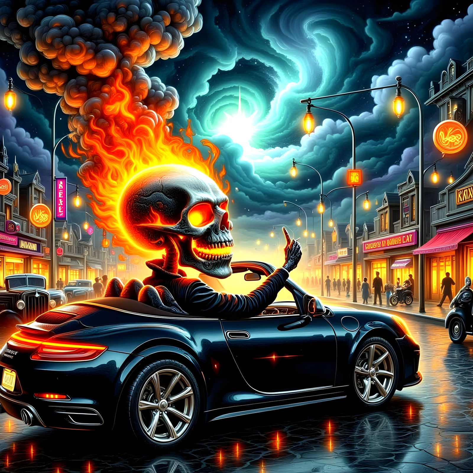 Man in Flaming Skull Headgear Cruises Convertible at Interse...