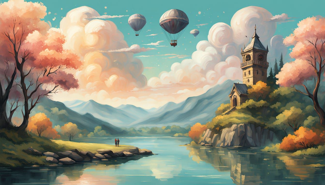 Impressionist Clock Tower Overlooking Tranquil Lake