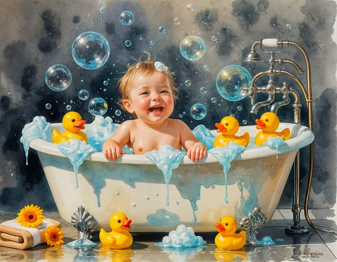 A happy baby laughs in a bubble-filled bathtub surrounded by cute rubber duckie...