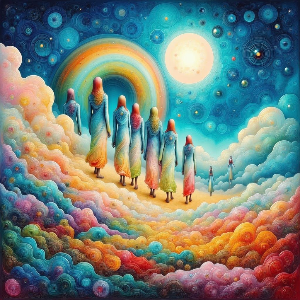 Surreal Figures Walking on Rainbow Clouds as Impasto Paintin...