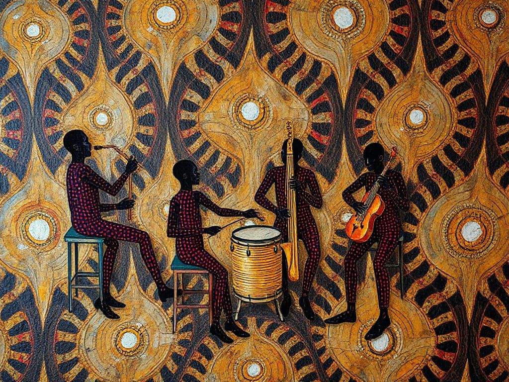 Vibrant Neo-Primitive Art Featuring a Jazz Band in 3D Shadin...