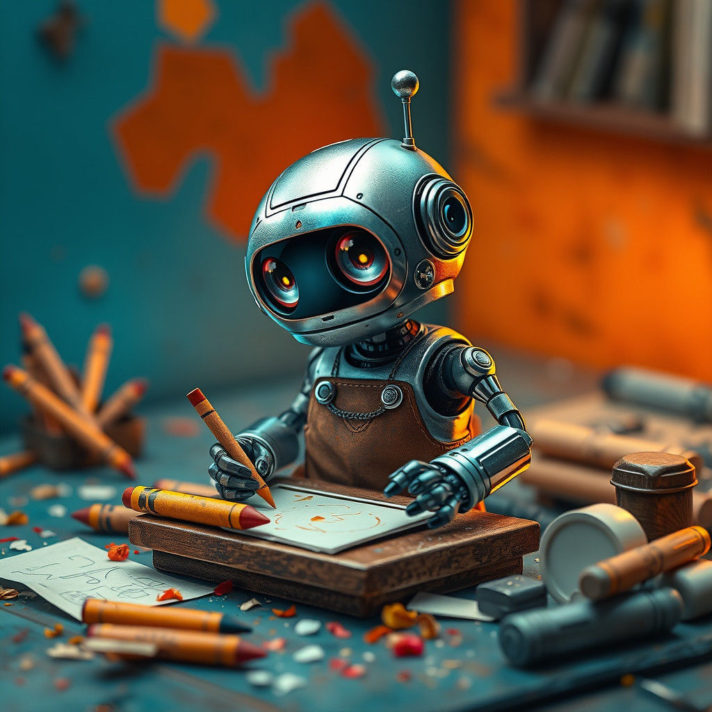 Cute Cartoon Robot Crayon Drawing