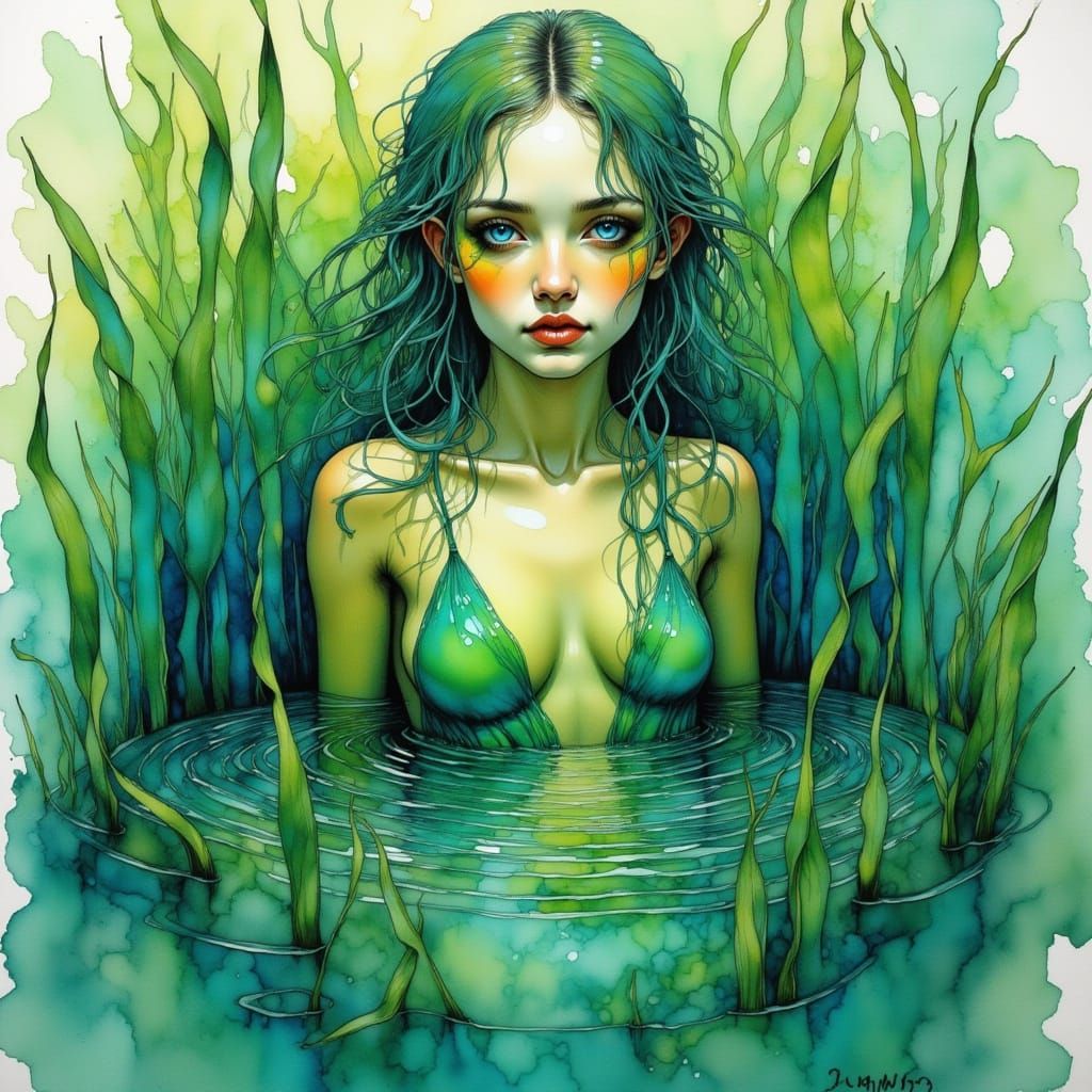 Green Water Nymph in Dreamy Neurographic Art Style