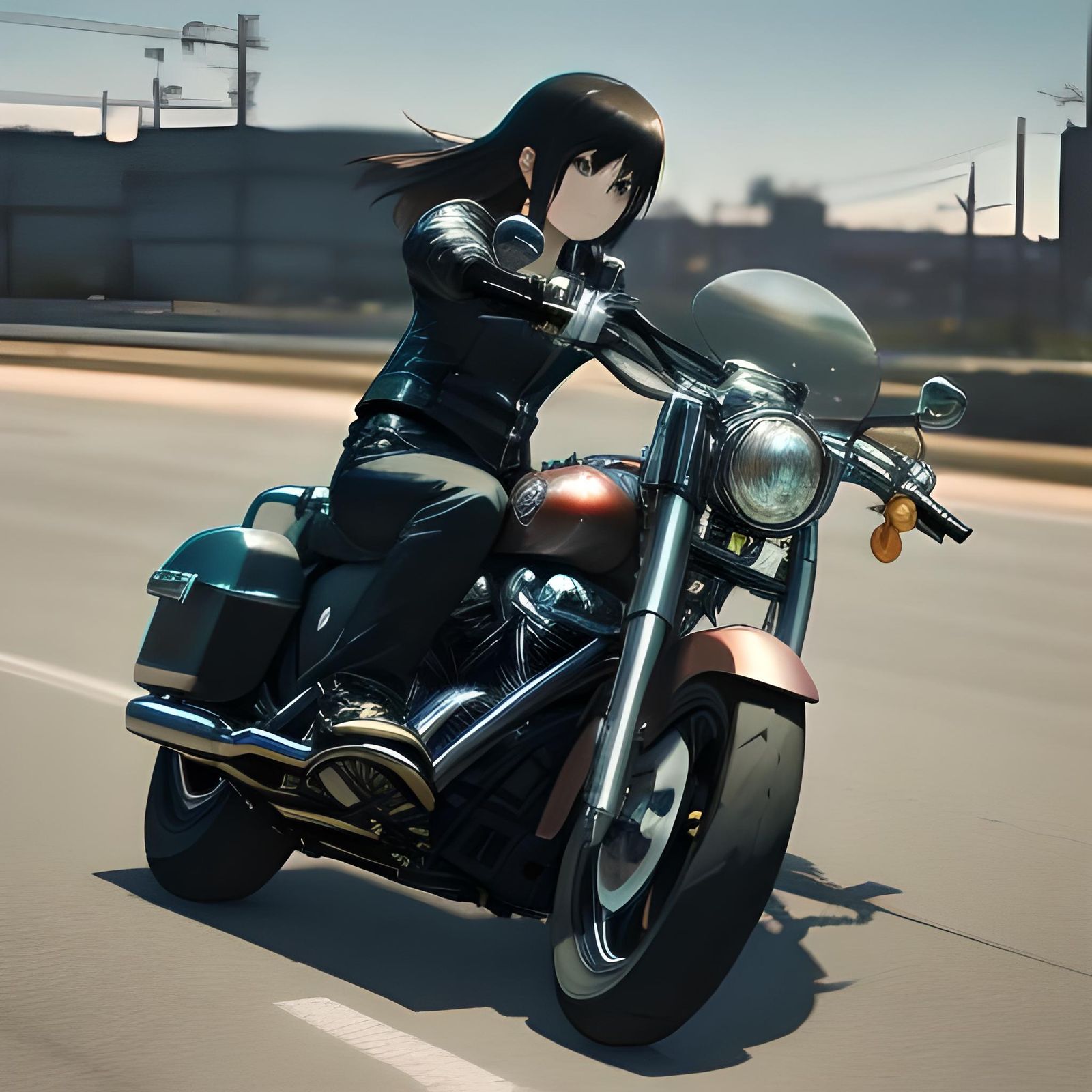 Cool Cat Rides Harley in Anime Style