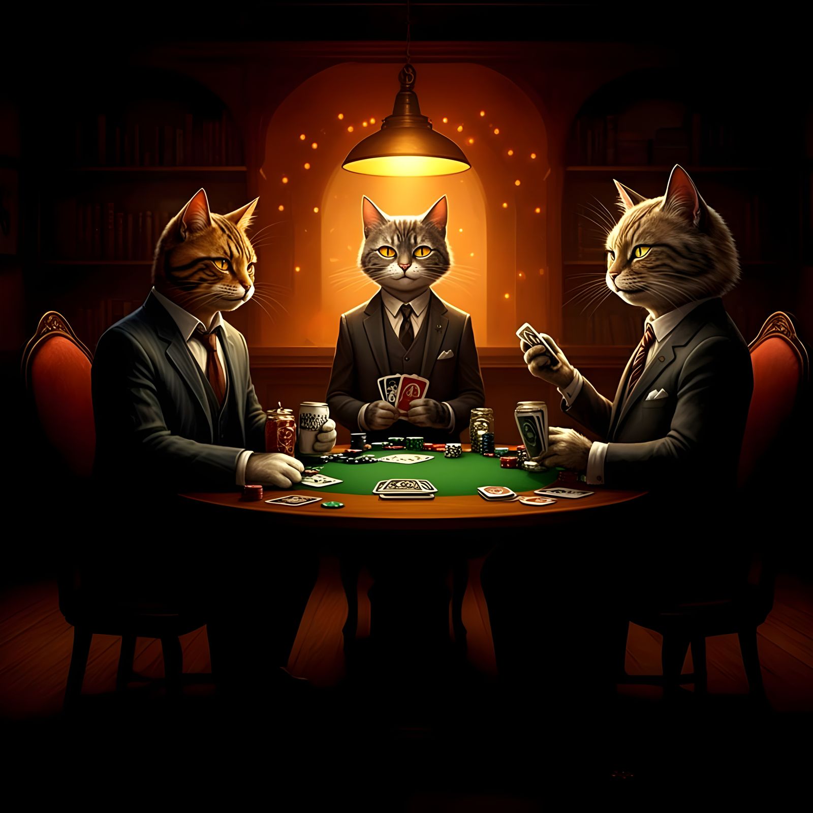 ♠️♣️♥️♦️weekly poker night, anthropomorphic cats sitting aro...