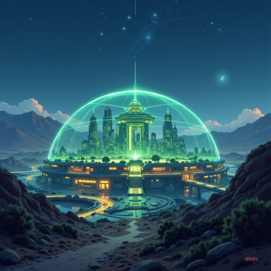 Martian Colony Dome at Night, Hyperrealistic Digital Art